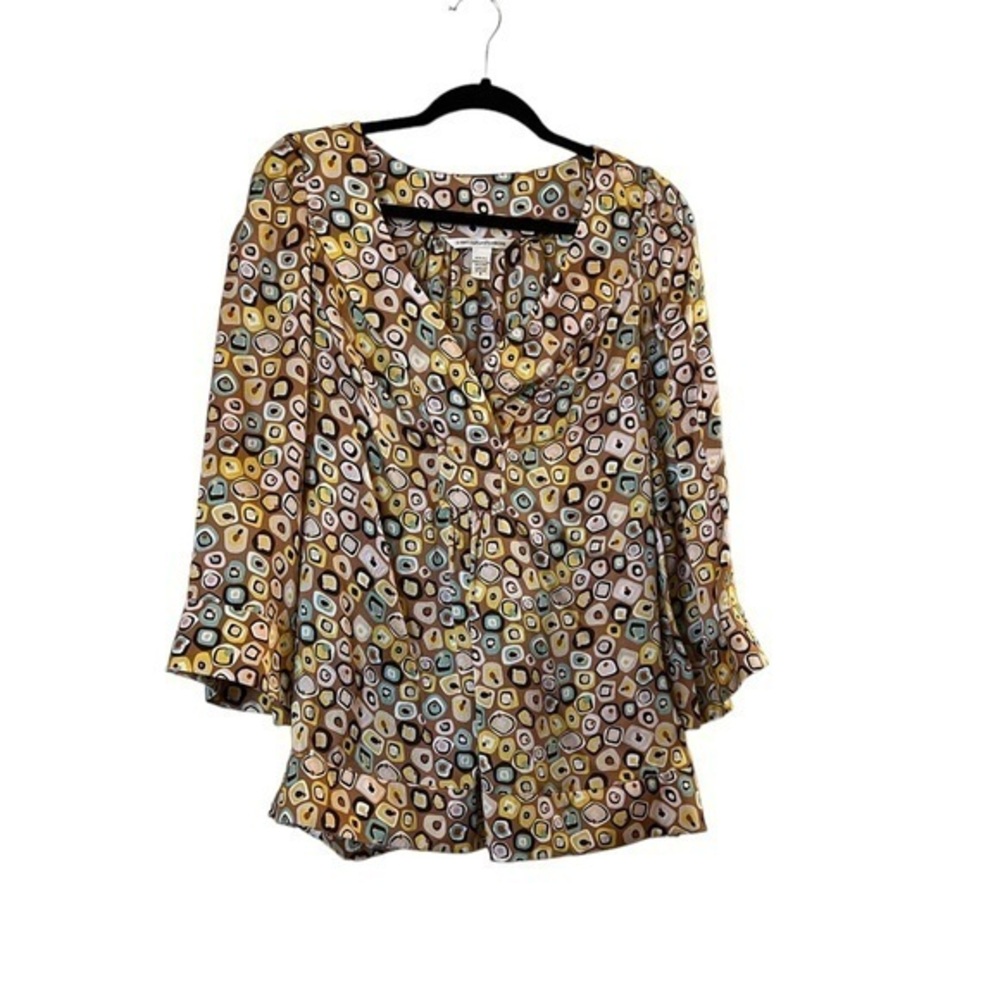 DVF 100% Silk Textured Pop Art Print Tunic Blouse, copper aqua & yellow Size 6